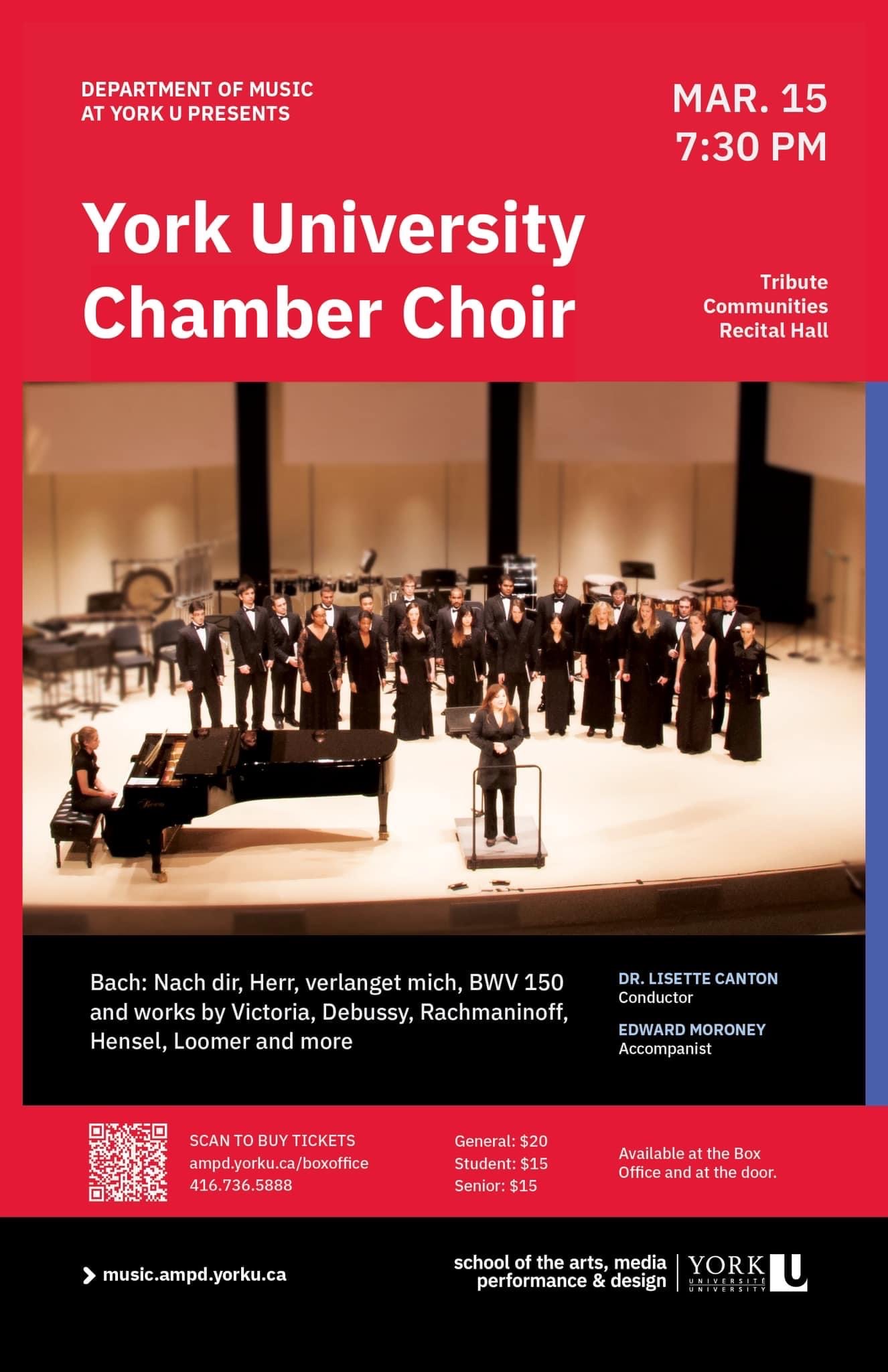 Poster of the March 15 Chamber Choir Concert showing the choir, the conductor, and the piano