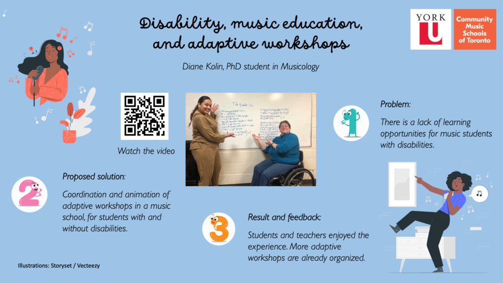 This poster shows the title of the presentation, "Disability, music education, and adaptive workshops," at the top of the poster. It shows three problems regarding the lack of accessibility in music education, and a QR code leading to the video presentation.