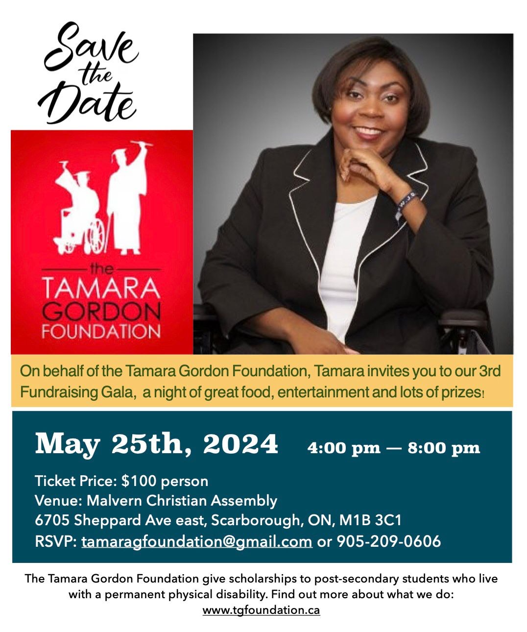 Picture of Tamara Gordon, a young black woman with short hair wearing a black blazer. The poster reads: "Save the Date - the Tamara Gordon Foundation", May 25th, 2024, from 4 pm to 8 pm, at Malvern Christian Assembly. Scarborough.