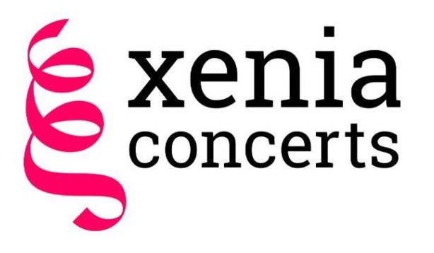Pink ribbon and black text saying Xenia Concerts on a white background